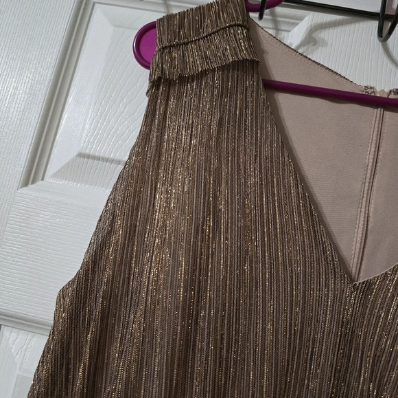 Taylor [Anthropologie] Gold Metallic Ruffle Stretch Waist Formal Midi Dress, EUC - Picture 6 of 13